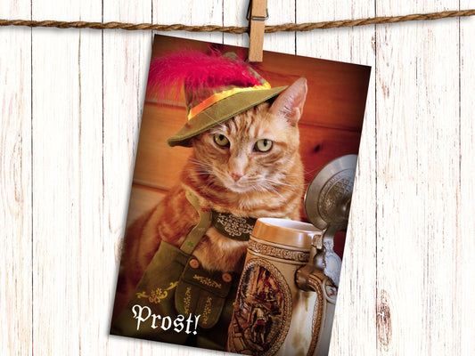 Prost! Cat in Lederhosen with Beer Funny Greeting Card
