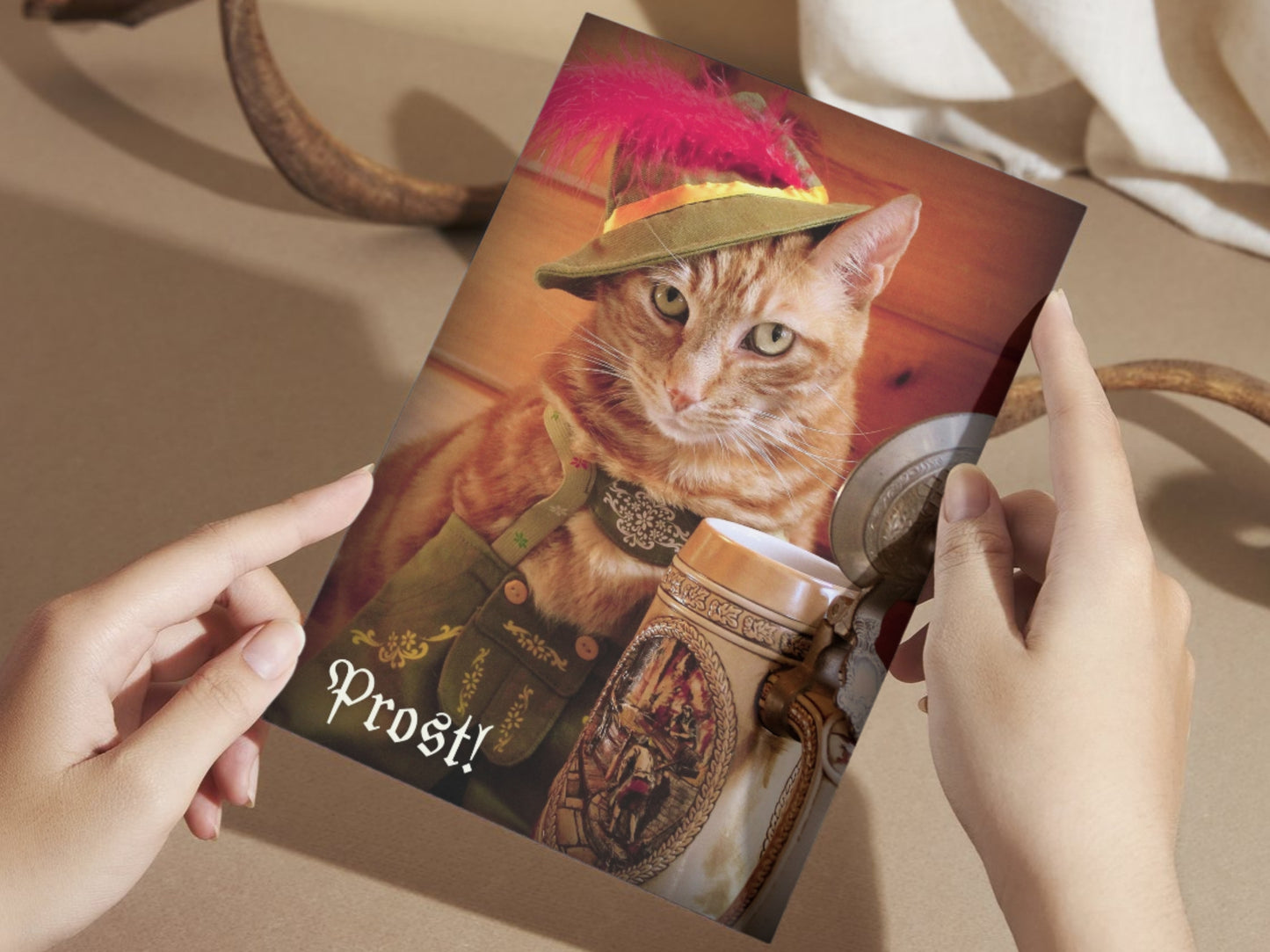 Prost! Cat in Lederhosen with Beer Funny Greeting Card