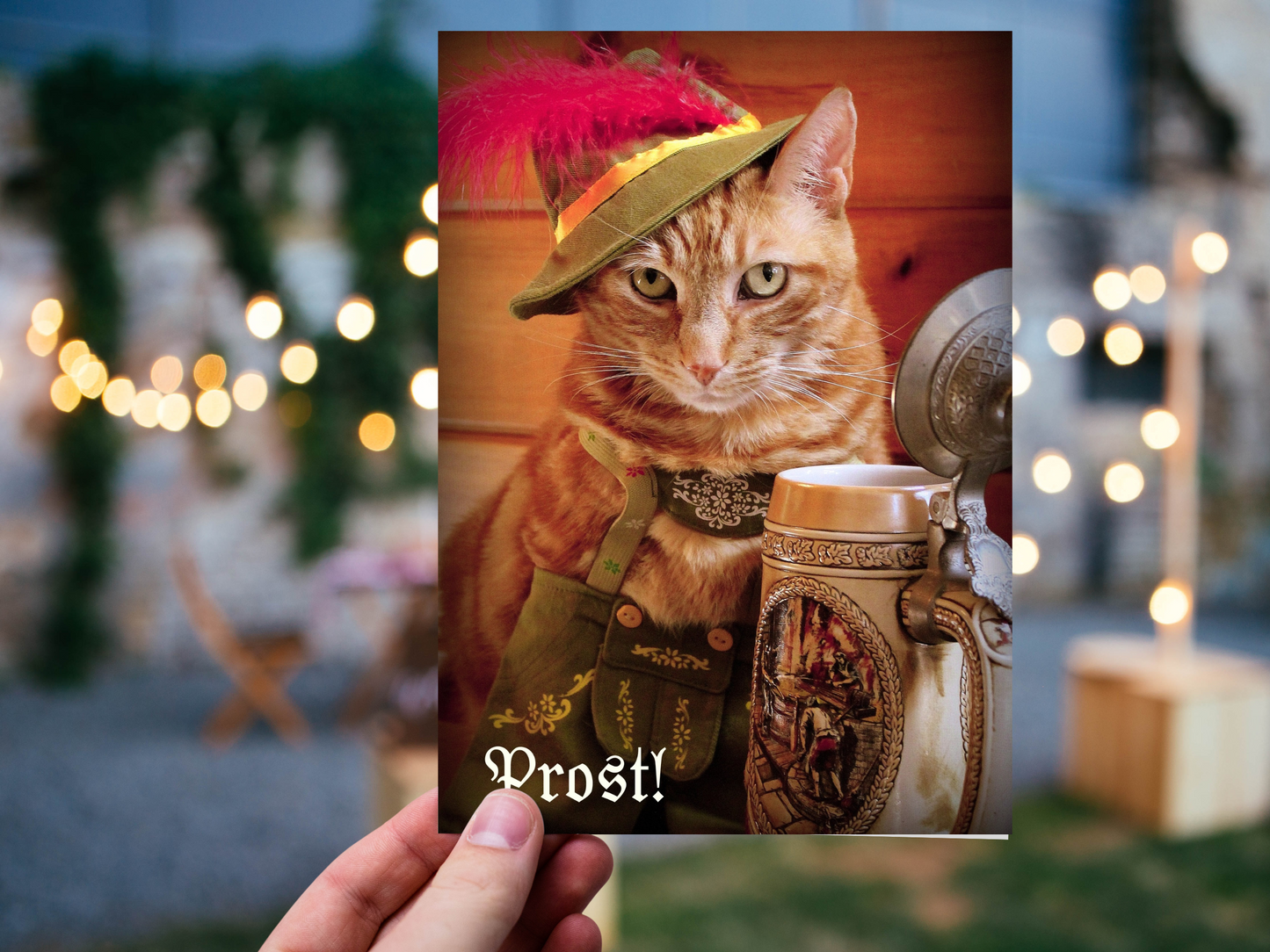 Prost! Cat in Lederhosen with Beer Funny Greeting Card