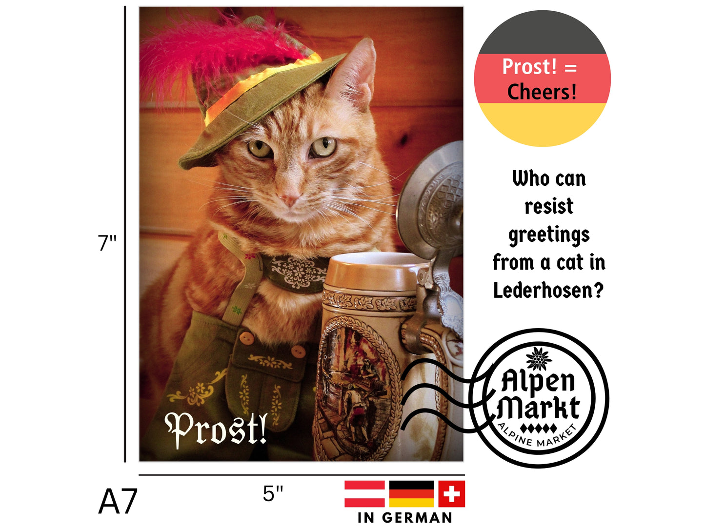 Prost! Cat in Lederhosen with Beer Funny Greeting Card