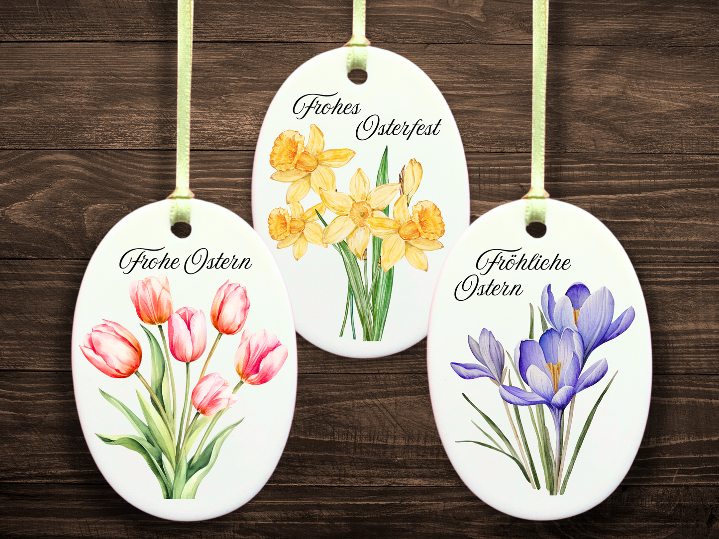 Set of 3 German Ceramic Easter Ornaments with Spring Flower Designs – Frohe Ostern