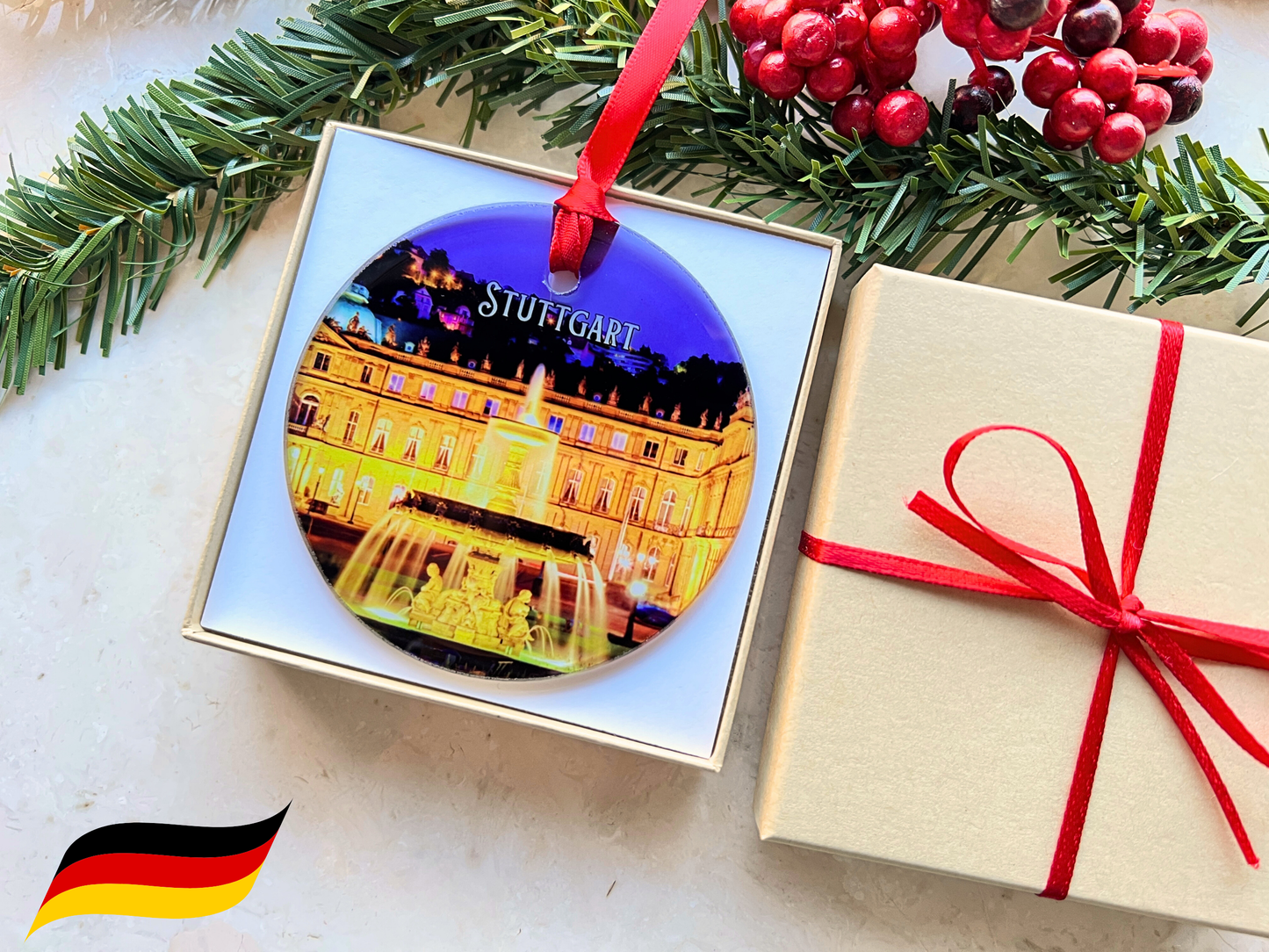 Stuttgart Germany glass ornament with gift box