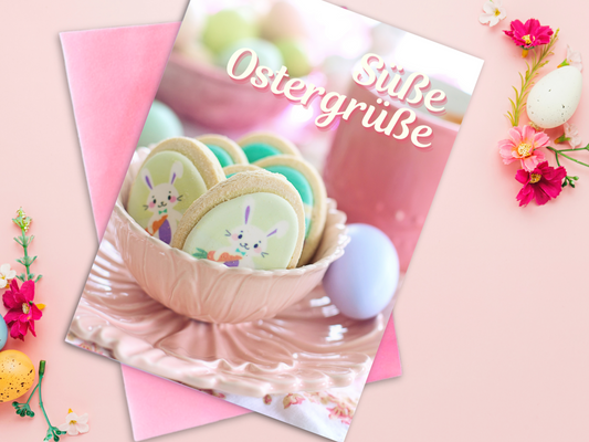 German Easter card featuring photo of decorated cookies in a pink bowl and an Easter Egg on the saucer in tea party setting.