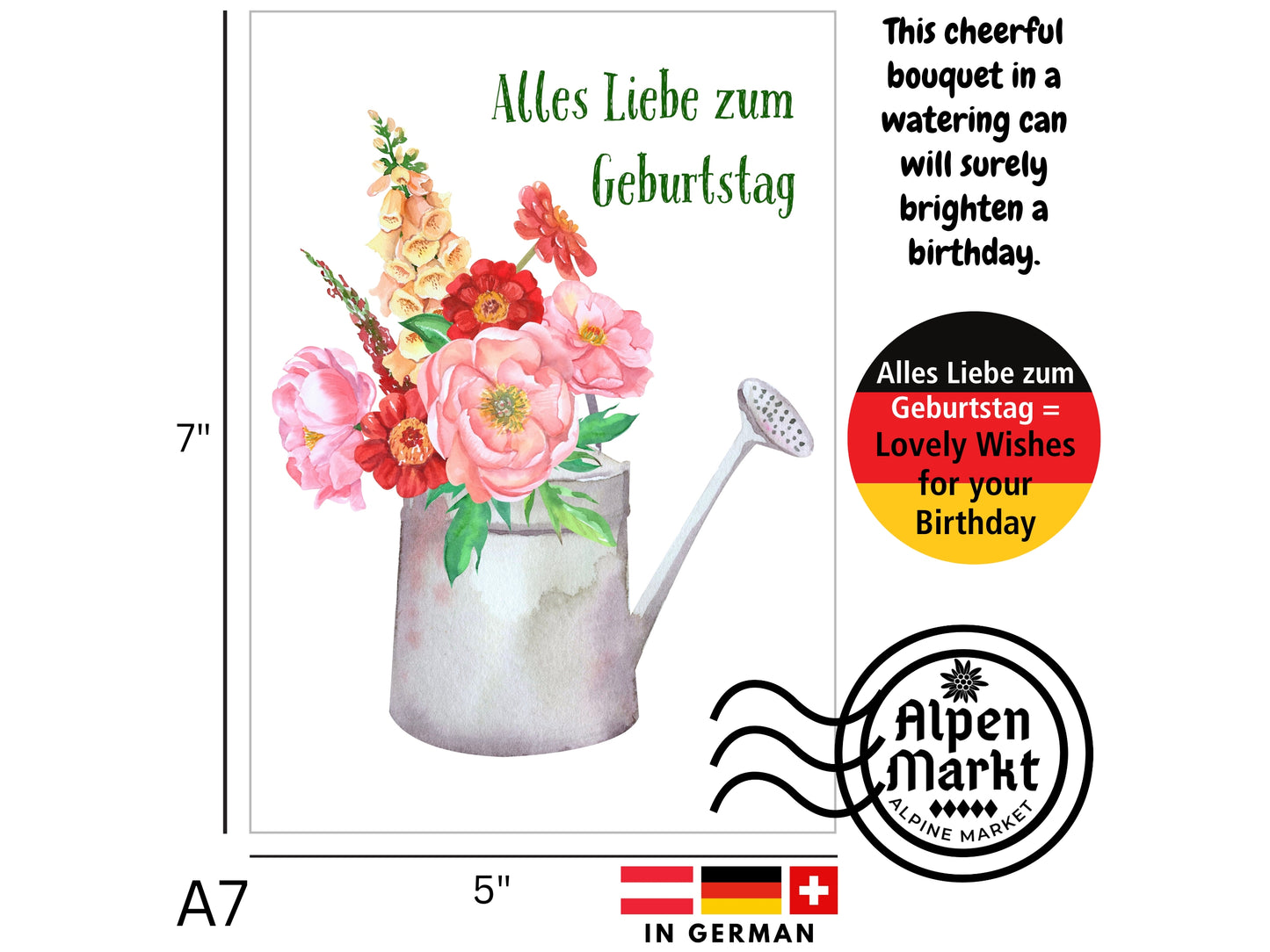 German Birthday card with pretty flowers in watering can