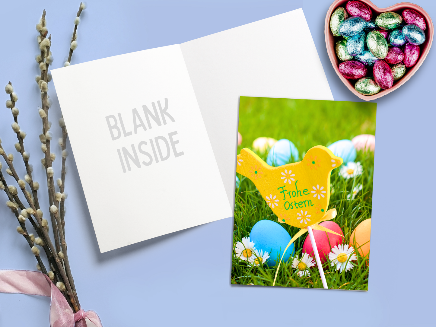 "Frohe Ostern" German Easter card with yellow bird