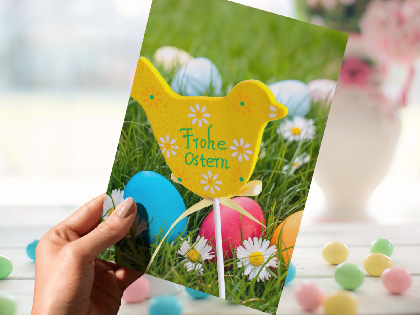 "Frohe Ostern" German Easter card with yellow bird