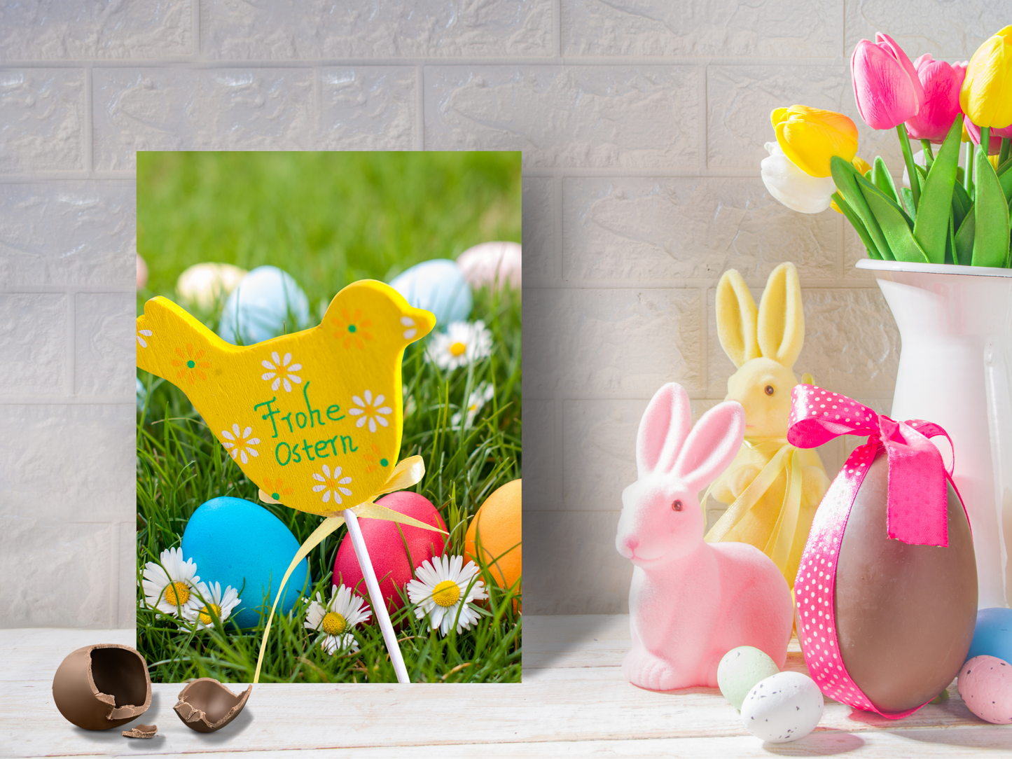 "Frohe Ostern" German Easter card with yellow bird