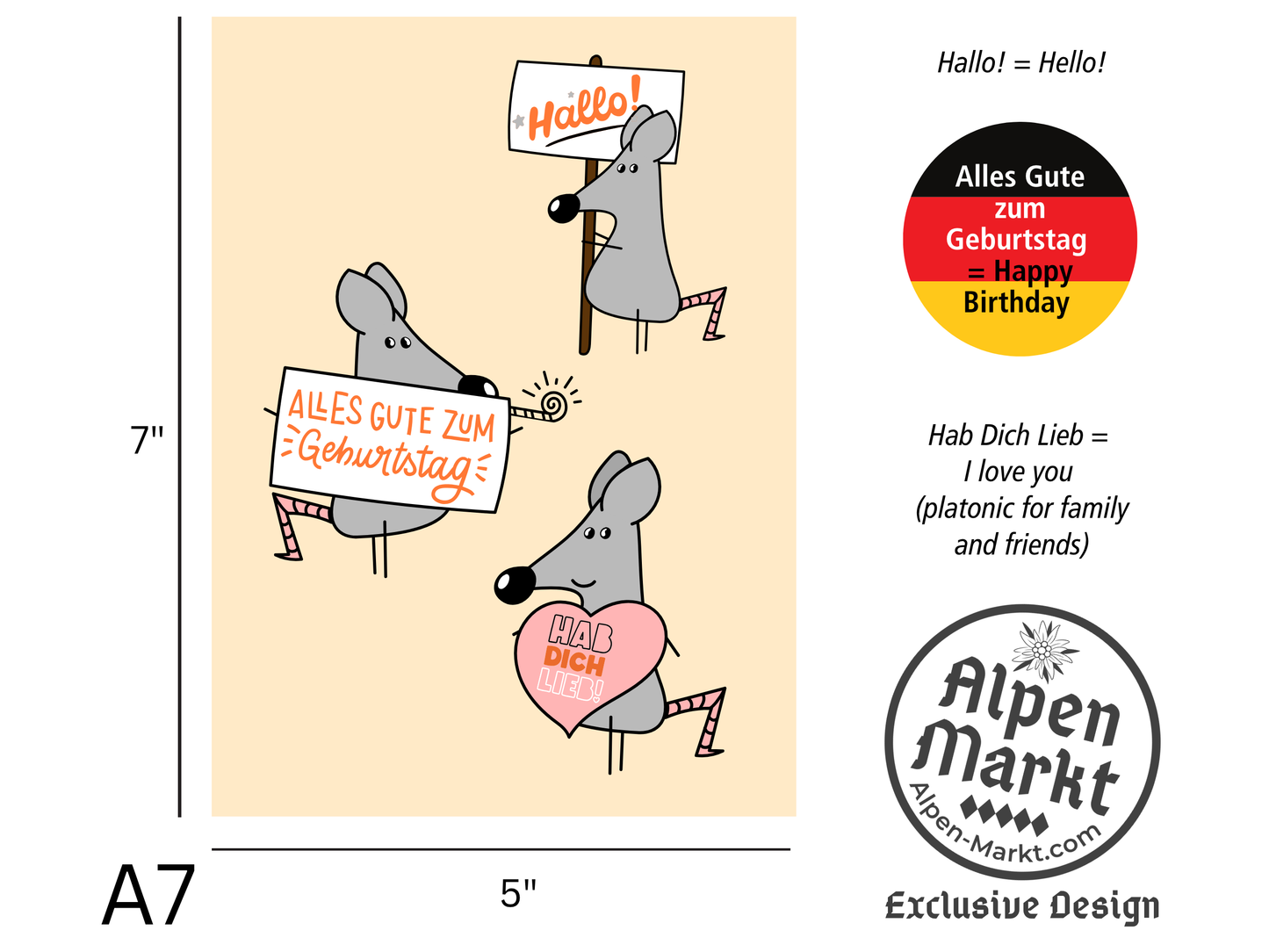 Mouse with Birthday Signs "Geburtstag" Greeting Card