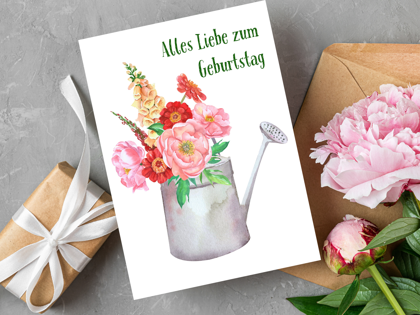 German Birthday card with pretty flowers in watering can