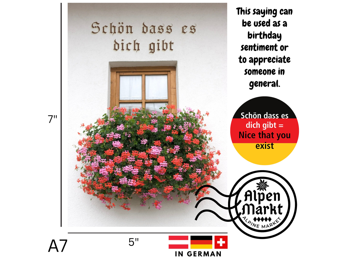 German greeting card for anyone with window box flowers