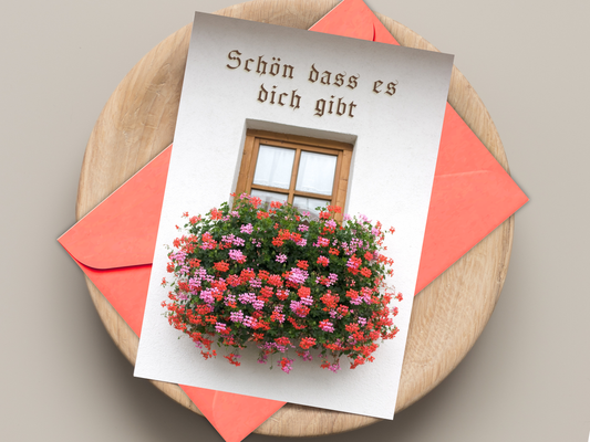 German greeting card for anyone with window box flowers