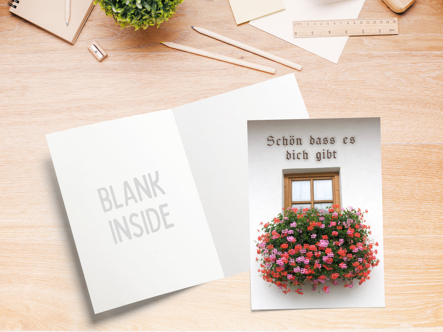 German greeting card for anyone with window box flowers