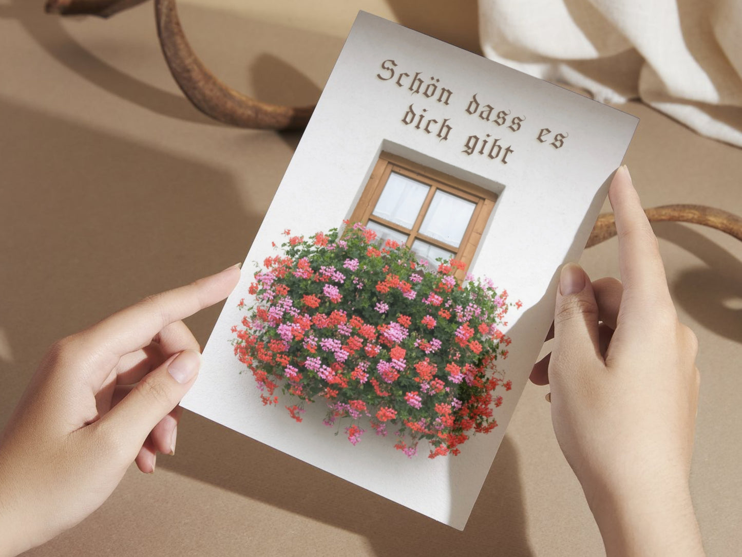 German greeting card for anyone with window box flowers