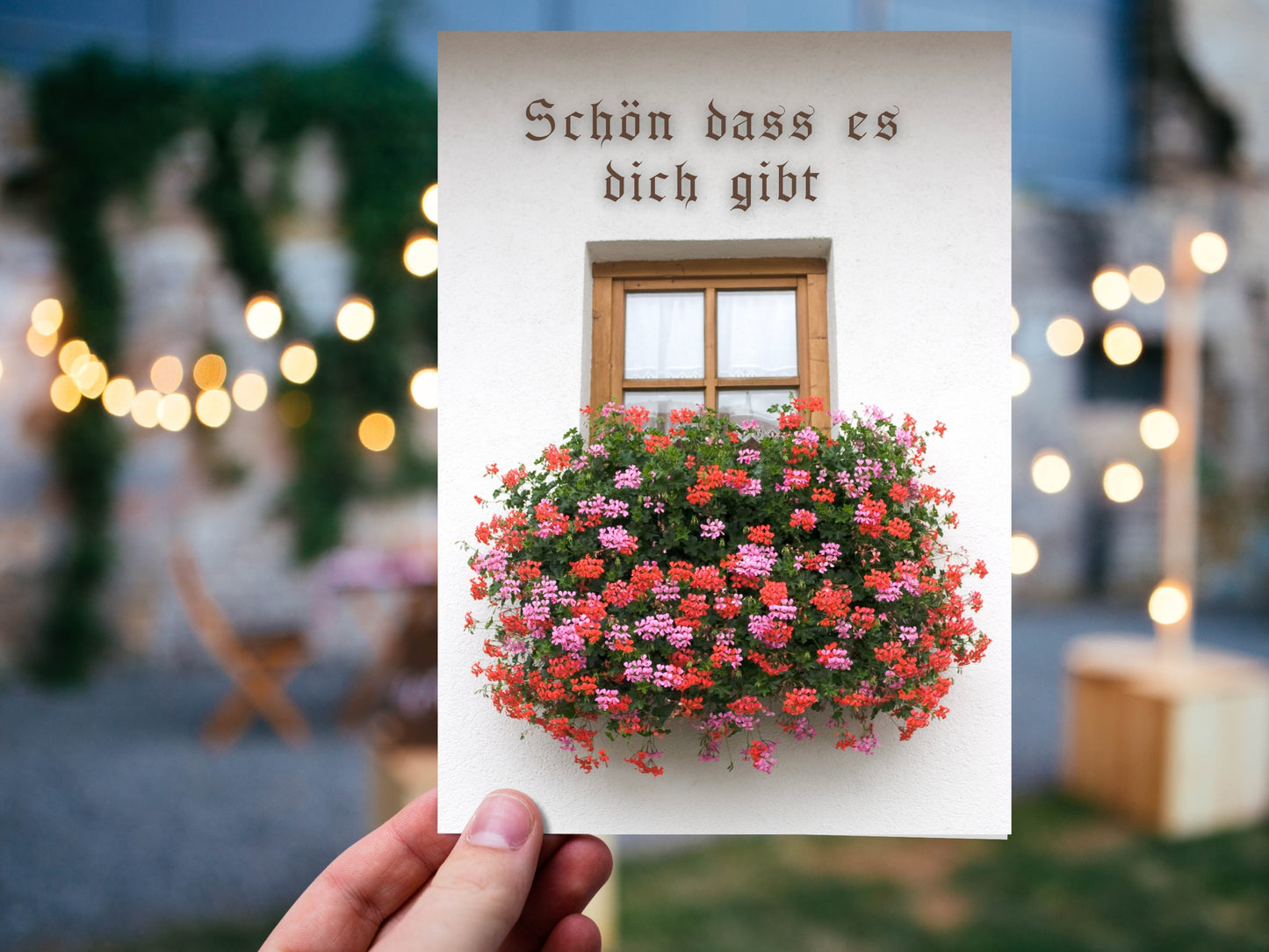 German greeting card for anyone with window box flowers