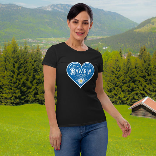 I Love Bavaria ladies tshirt with blue heart and Edelweiss flower