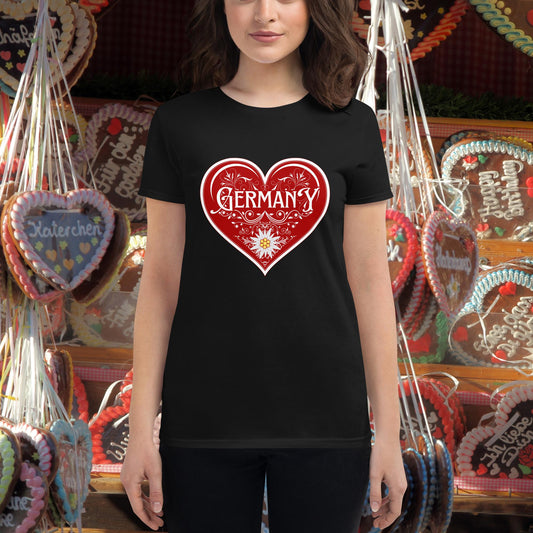 I Love Germany ladies tshirt with red heart and Edelweiss flower