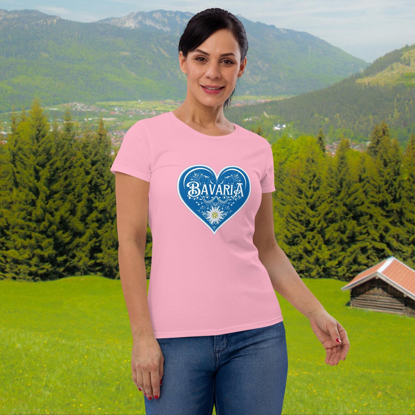 I Love Bavaria ladies tshirt with blue heart and Edelweiss flower