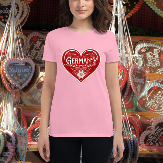 I Love Germany ladies tshirt with red heart and Edelweiss flower