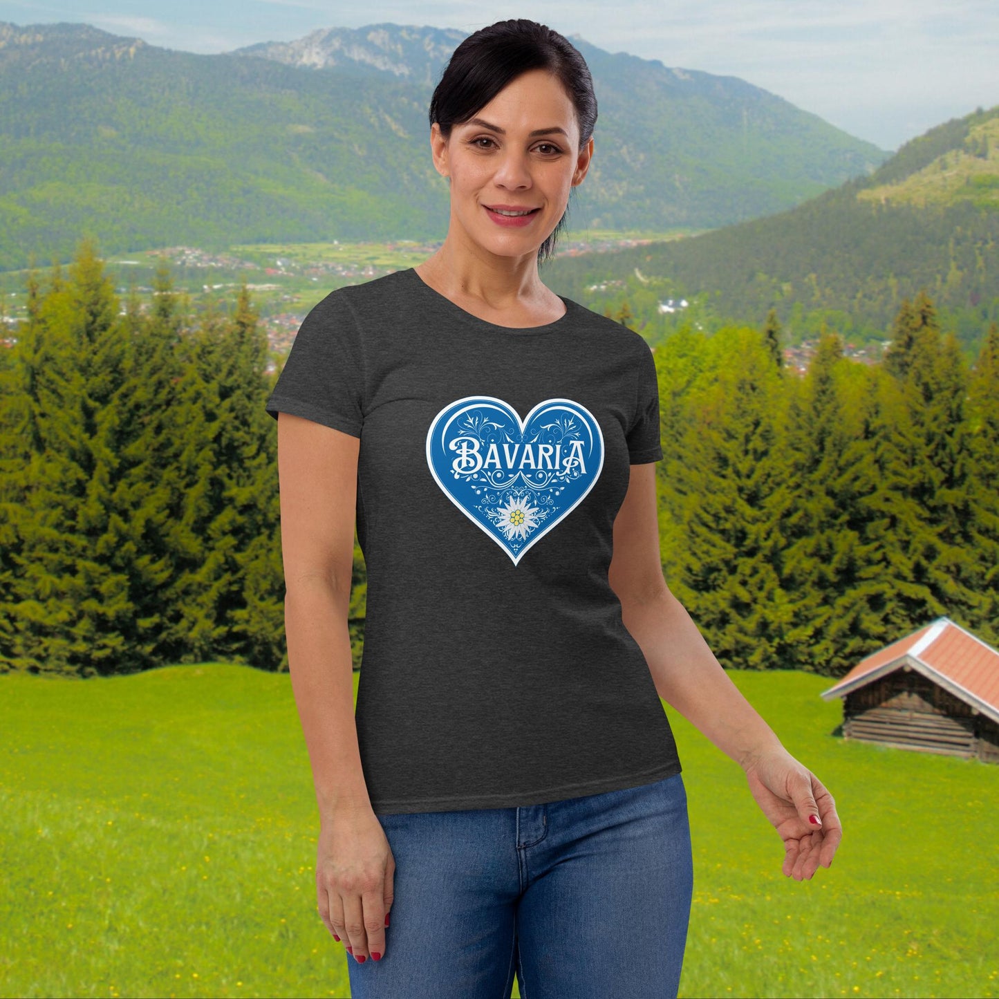 I Love Bavaria ladies tshirt with blue heart and Edelweiss flower