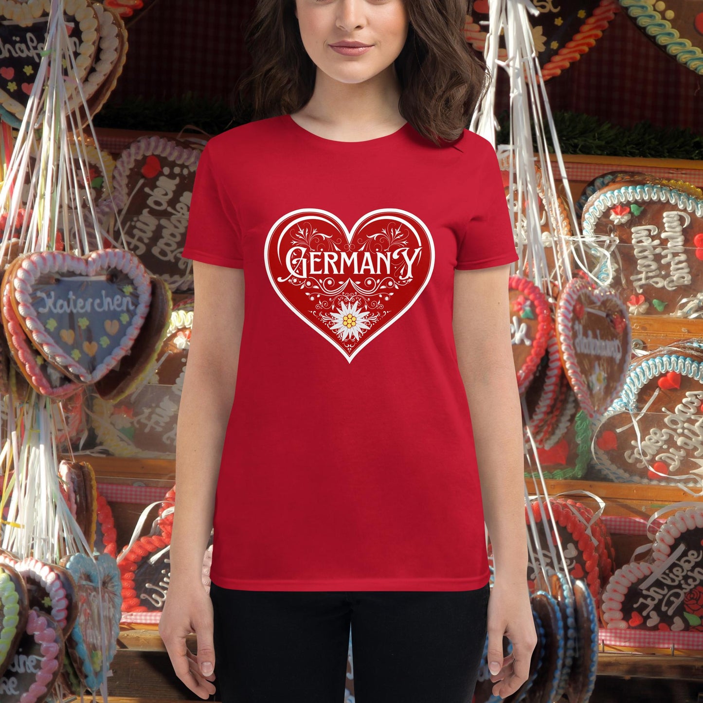 I Love Germany ladies tshirt with red heart and Edelweiss flower