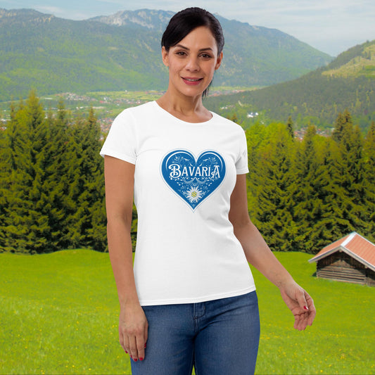 I Love Bavaria ladies tshirt with blue heart and Edelweiss flower