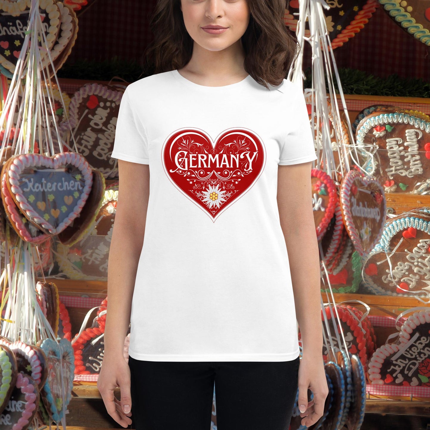 I Love Germany ladies tshirt with red heart and Edelweiss flower